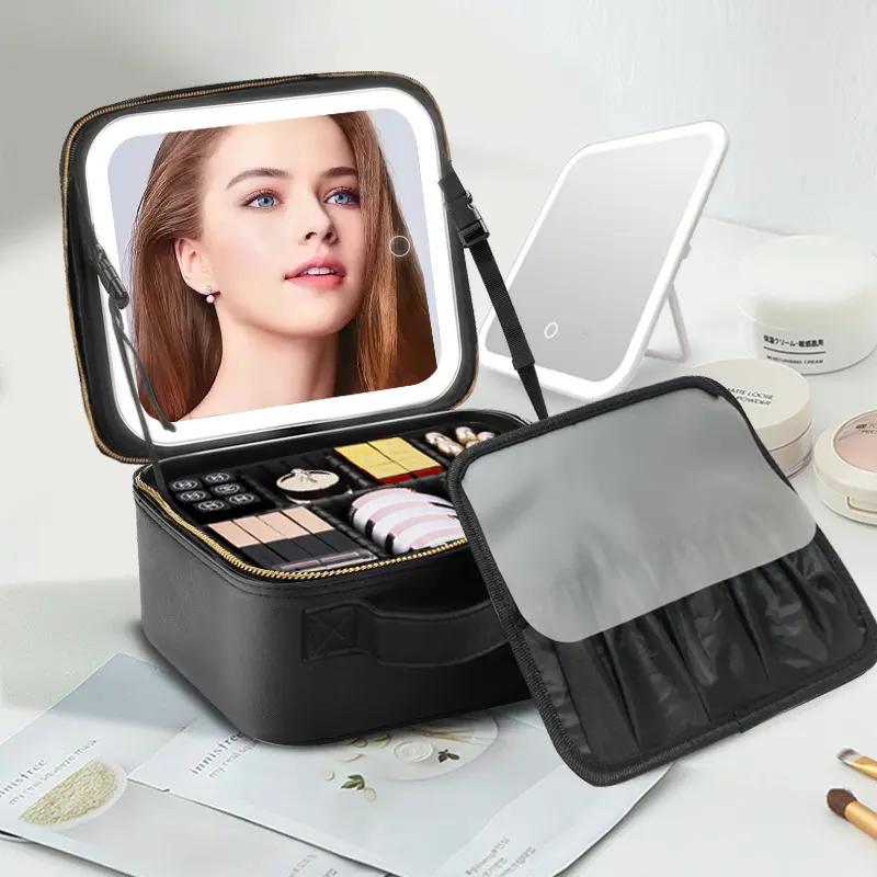 Travel Makeup Organizer with Mirror (3-Color Lighting)