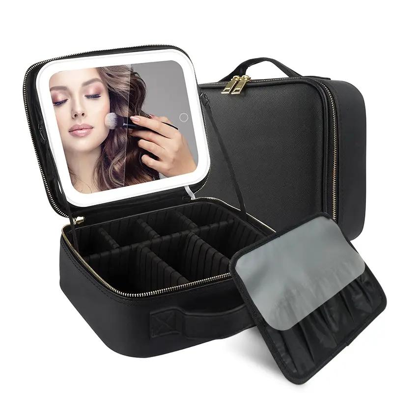 Travel Makeup Organizer with Mirror (3-Color Lighting)