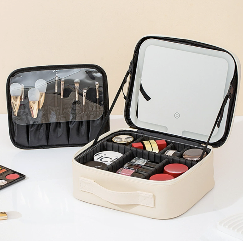 Travel Makeup Organizer with Mirror (3-Color Lighting)