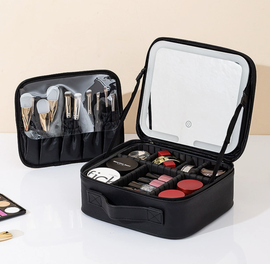 Travel Makeup Organizer with Mirror (3-Color Lighting)