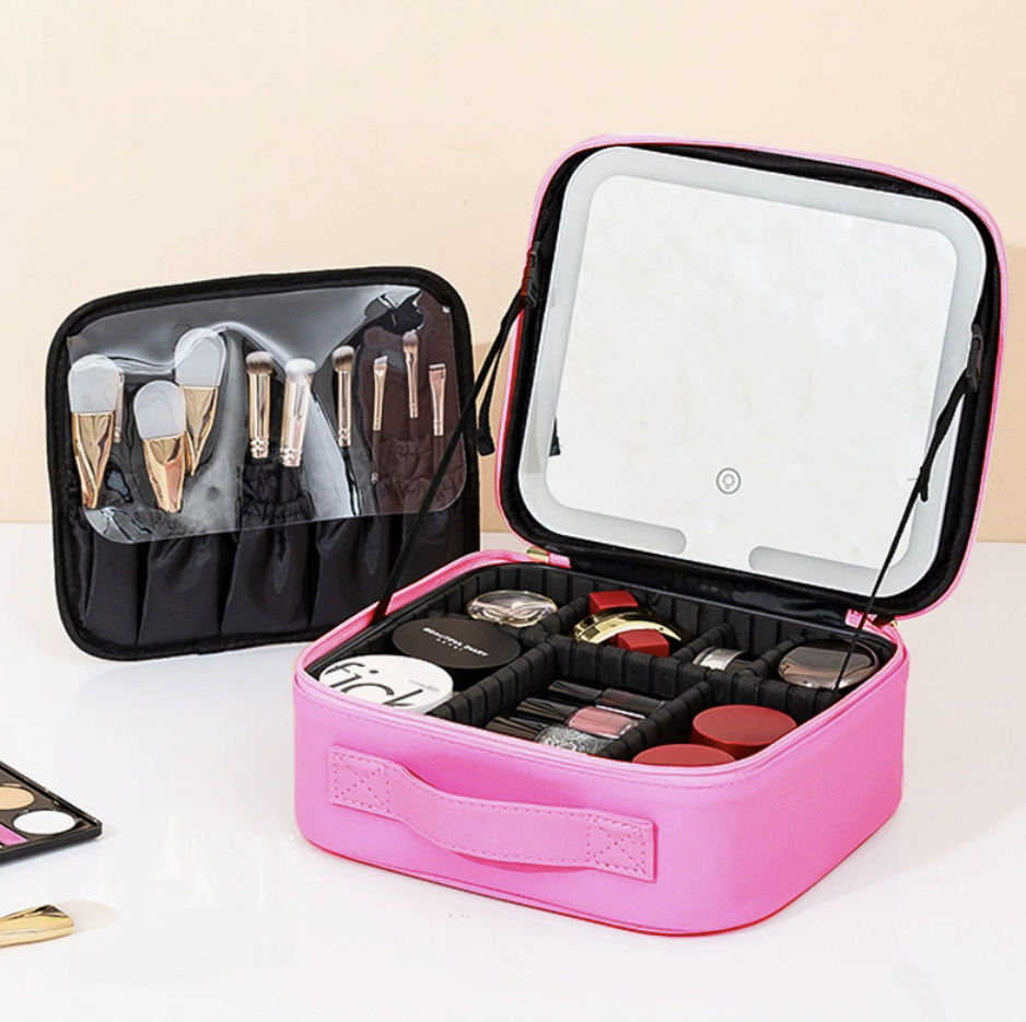 Travel Makeup Organizer with Mirror (3-Color Lighting)